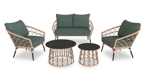 Ensemble Panama 5 pièces pour la terrasse à l’extérieur avec causeuse, 2 fauteuils et grande et petite tables - osier en résine tressé à la main, résistant aux rayons UV et aux intempéries - naturel et vert