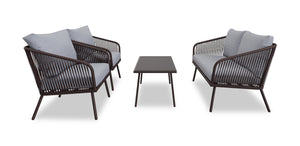 Ensemble de conversation Porto 4 pièces pour la terrasse à l’extérieur avec causeuse, 2 fauteuils et table à café - osier de type corde et métal, résistant aux rayons UV et aux intempéries - noir et gris