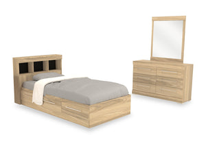 Ensemble lit matelot Riley 5 pièces avec tête de lit bibliothèque, commode et miroir, naturel - format lit simple