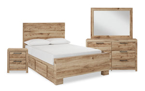 Ensemble de chambre à coucher Derekson 6 pièces naturel avec lit de rangement latéral, commode, miroir et table de nuit - format grand lit