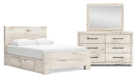  Ensemble de chambre à coucher Derekson 5 pièces blanc rustique avec lit de rangement latéral, commode et miroir - format lit double