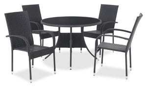 Ensemble Arizona 5 pièces pour la terrasse à l’extérieur avec table ronde et 4 chaises - osier en résine tressé à la main, dessus de table rond en verre, résistant aux rayons UV et aux intempéries - noir