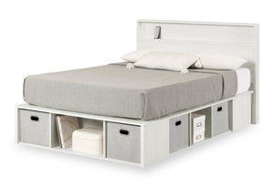 Ensemble lit plateforme et tête de lit à panneau Everley avec rangement et paniers intégrés, blanc - format lit double