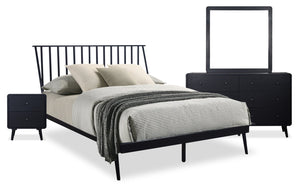 Ensemble de chambre à coucher Milan 6 pièces de style moderne du milieu du 20e siècle avec lit, commode, miroir et table de nuit, noir - grand lit