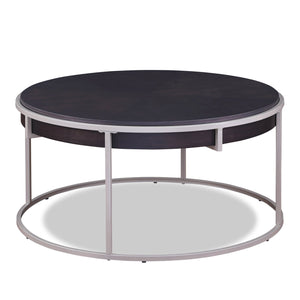 Table à café moderne Jaida ronde de 38 po - brune avec base en métal gris