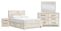  Ensemble de chambre à coucher Derekson 6 pièces blanc rustique avec lit de rangement latéral, commode, miroir et table de nuit - format grand lit