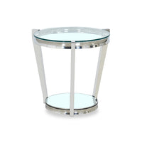  Table de bout ronde moderne Yonge de 22 po avec dessus en verre et tablette - fini chromé avec acier inoxydable