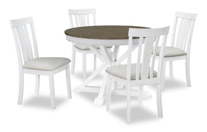 Ensemble de salle à manger Brook 5 pièces avec table ronde, rallonge de 42 po à 54 po (L) et 4 chaises - blanc et brun