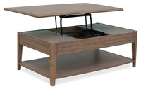  Table à café contemporaine Bennett de 48 po en bois massif avec dessus relevable, rangement, tablette et roulettes - taupe