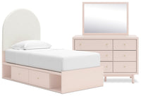  Ensemble de chambre à coucher Lola 5 pièces rose tendre avec lit de rangement en tissu bouclé, commode et miroir - format lit simple