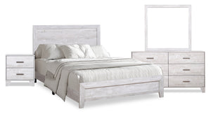 Ensemble de chambre à coucher Arbor 6 pièces bois de grève blanc avec lit à panneaux, commode, miroir et table de nuit - format grand lit