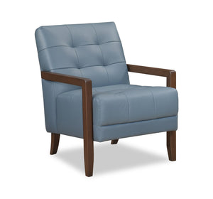 Fauteuil d’appoint Enzo de 26 po en cuir véritable avec capitonnage en biscuit, accoudoirs rectilignes et pattes en bois - bleu