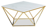  Table à café carrée moderne Amanda de 31,5 po - dessus en marbre blanc avec base en métal doré