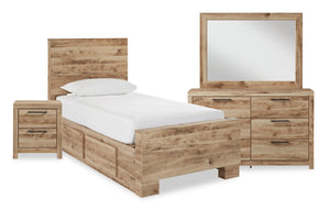 Ensemble de chambre à coucher Derekson 6 pièces naturel avec lit de rangement latéral, commode, miroir et table de nuit - format lit simple