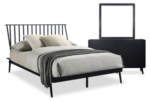 Ensemble de chambre à coucher Milan 5 pièces de style moderne du milieu du 20e siècle avec lit, commode et miroir, noir - format grand lit