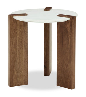 Table de bout ronde Merlin de 22 po en bois massif et en marbre - blanche et brune