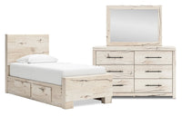  Ensemble de chambre à coucher Derekson 5 pièces blanc rustique avec lit de rangement latéral, commode et miroir - format lit simple