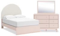  Ensemble de chambre à coucher Lola 5 pièces avec lit à panneau en tissu bouclé rose tendre, commode et miroir - format lit double