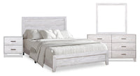  Ensemble de chambre à coucher Arbor 6 pièces bois de grève blanc avec lit à panneaux, commode, miroir et table de nuit - format lit double