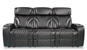 Sofa à inclinaison électrique Elite de 86 po en cuir véritable noir avec fonction de massage, porte-gobelets, accoudoirs de rangement 