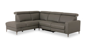 Sofa sectionnel de gauche à inclinaison électrique Valentino 3 pièces en cuir véritable gris avec appuie-têtes réglables 