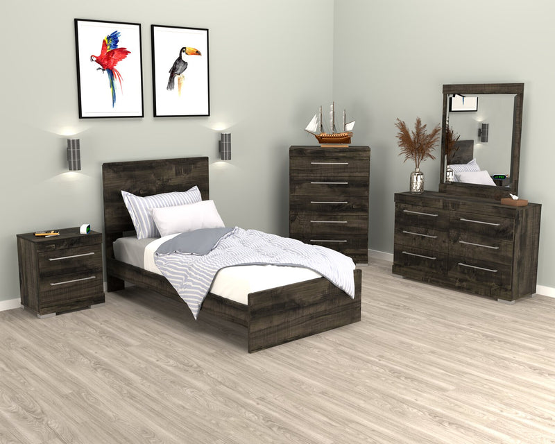 Ensemble de chambre à coucher Riley 6 pièces avec lit à panneaux, commode, miroir et table de nuit, fabriqué au Canada, gris - format lit simple