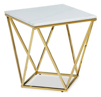  Table de bout carrée moderne Amanda de 21,5 po - dessus en marbre blanc avec base en métal doré