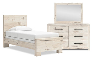 Ensemble de chambre à coucher Derekson 5 pièces blanc rustique avec lit à panneaux, commode et miroir - format lit simple