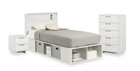  Ensemble lit plateforme Everley 5 pièces avec tête de lit à panneau, commode verticale et table de nuit, blanc - format lit simple