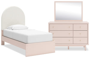 Ensemble de chambre à coucher Lola 5 pièces  avec lit à panneau en tissu bouclé rose tendre, commode et miroir - format lit simple