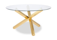  Table de salle à manger ronde Gem de 55 po (L) avec dessus en verre et base géométrique en métal - dorée