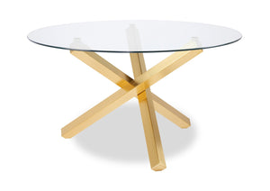 Table de salle à manger ronde Gem de 55 po (L) avec dessus en verre et base géométrique en métal - dorée