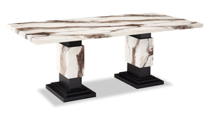 Table de salle à manger Vega de 82 po (L) avec imitation de marbre et base piédestal - noire et blanche
