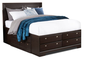 Lit plateforme Yorkdale fabriqué au Canada avec tête de lit et cadre de rangement à 12 tiroirs, brun - format grand lit