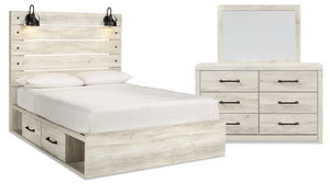 Ensemble de chambre à coucher Abby 5 pièces avec lit de rangement latéral, commode, miroir, éclairage à DEL et port USB, blanc - format grand lit