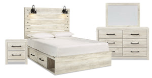 Ensemble de chambre à coucher Abby 6 pièces avec lit de rangement latéral, commode, miroir, table de nuit, éclairage à DEL et port USB, blanc - format grand lit