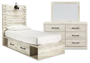 Ensemble de chambre à coucher Abby 5 pièces pour enfants avec lit de rangement latéral, commode, miroir, éclairage à DEL et port USB, blanc - format lit simple