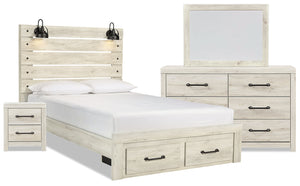 Ensemble de chambre à coucher Abby 6 pièces avec lit de rangement, commode, miroir, table de nuit, éclairage à DEL et port USB, blanc - format très grand lit