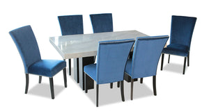 Ensemble de salle à manger Cami 7 pièces avec table de 70 po (L) avec dessus en marbre véritable et 6 chaises bleues 