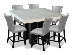 Ensemble de salle à manger Cami 7 pièces de hauteur comptoir avec table carrée de 54 po (L) avec dessus en marbre véritable et 6 chaises grises