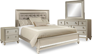 Ensemble de chambre à coucher Diva 6 pièces somptueux en cuir végétalien avec lit, commode, miroir et table de nuit, argenté - format grand lit