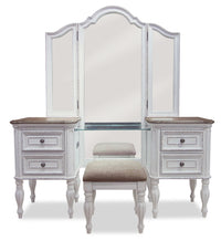  Ensemble de coiffeuse Grace avec tabouret, miroir, prises d’alimentation et ports USB intégrés pour la chambre à coucher - blanc antique