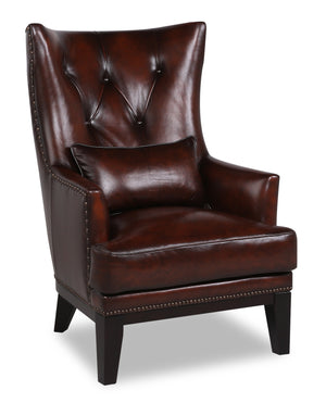 Fauteuil d’appoint Haden de 30 po en cuir véritable brun avec dossier à oreilles, coussin lombaire et bordure de clous décoratifs