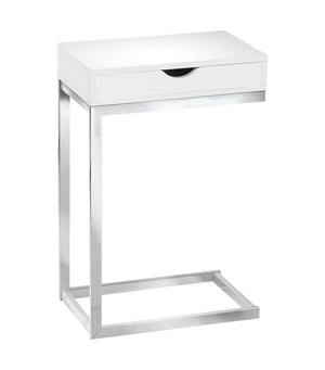 Table d’appoint blanc lustré et métal chromé avec un tiroir
