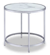 Table de bout ronde somptueuse Josie de 24 po avec dessus en verre et roulettes - imitation de marbre gris avec pattes en métal