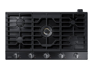 Surface de cuisson à gaz intelligente Samsung de 36 po à 5 brûleurs avec brûleur double puissant de 22 000 BTU, plaque chauffante et grille pour wok - acier inoxydable noir - NA36N7755TG/AA