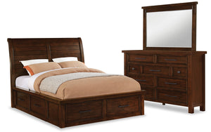 Ensemble de chambre à coucher Sonoma 5 pièces avec lit de rangement, commode et miroir, brun manguier - format grand lit