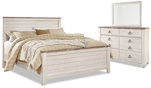 Ensemble de chambre à coucher Willowton 5 pièces avec lit, commode et miroir, blanchi - format très grand lit