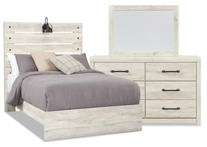 Ensemble de chambre à coucher Abby 5 pièces avec lit à panneau, commode, miroir, éclairage à DEL et port USB, blanc - format lit double