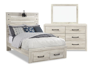 Ensemble de chambre à coucher Abby 5 pièces avec lit de rangement, commode, miroir, éclairage à DEL et port USB, blanc - format lit double